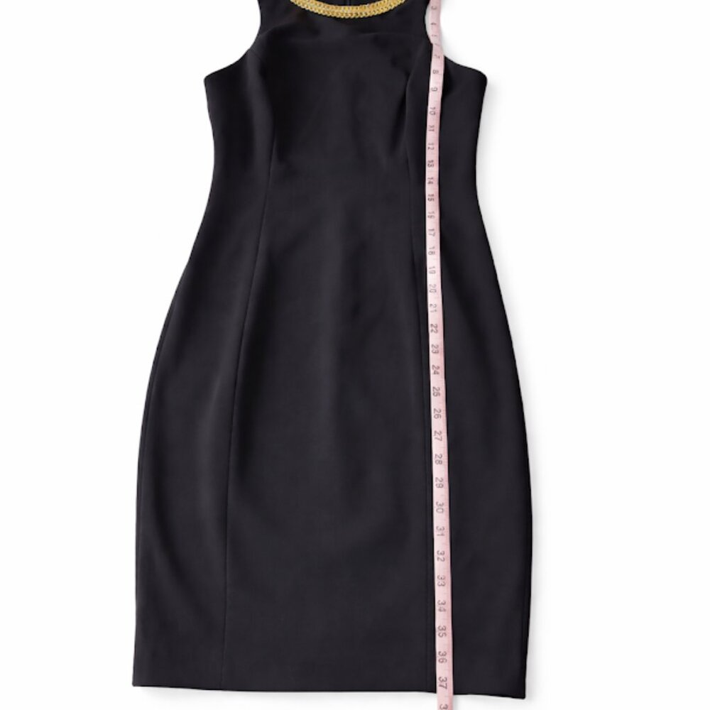 Calvin Klein Black Sleeveless Sheath Dress with Gold Chain Neckline| Size: 4 - Picture 2 of 5